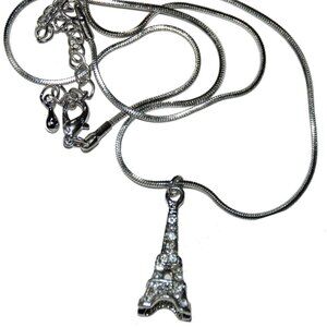Eiffel Tower Paris France French Silver Necklace Pendant Crystals 3D Jewelry